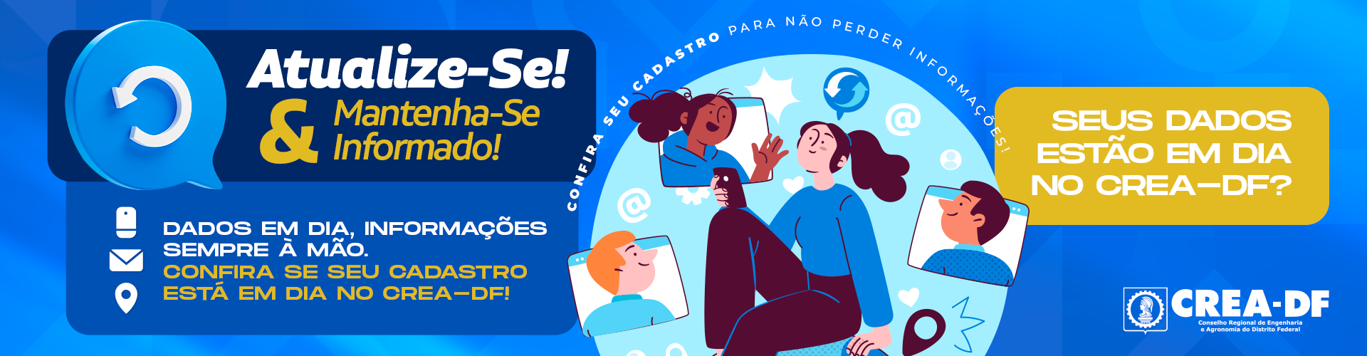  Banner com fundo azul vibrante promovendo a campanha de atualização cadastral do CREA-DF